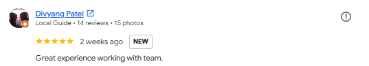Google review from Divyang Patel for Social Craft