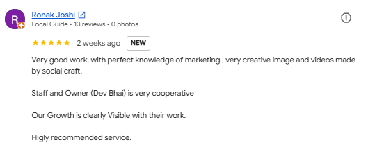 Google review from Ronak Joshi for Social Craft